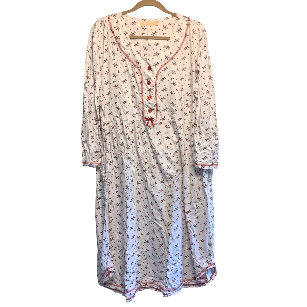 La Cera Nightgown 2X White Red Holly Berry Floral Cotton Long Sleeve Sleep Dress